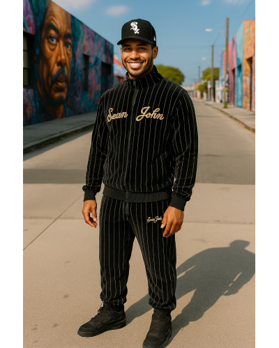 Ensemble Veste Jogging Sean John Vintage peau de peche Pinstripe noir
