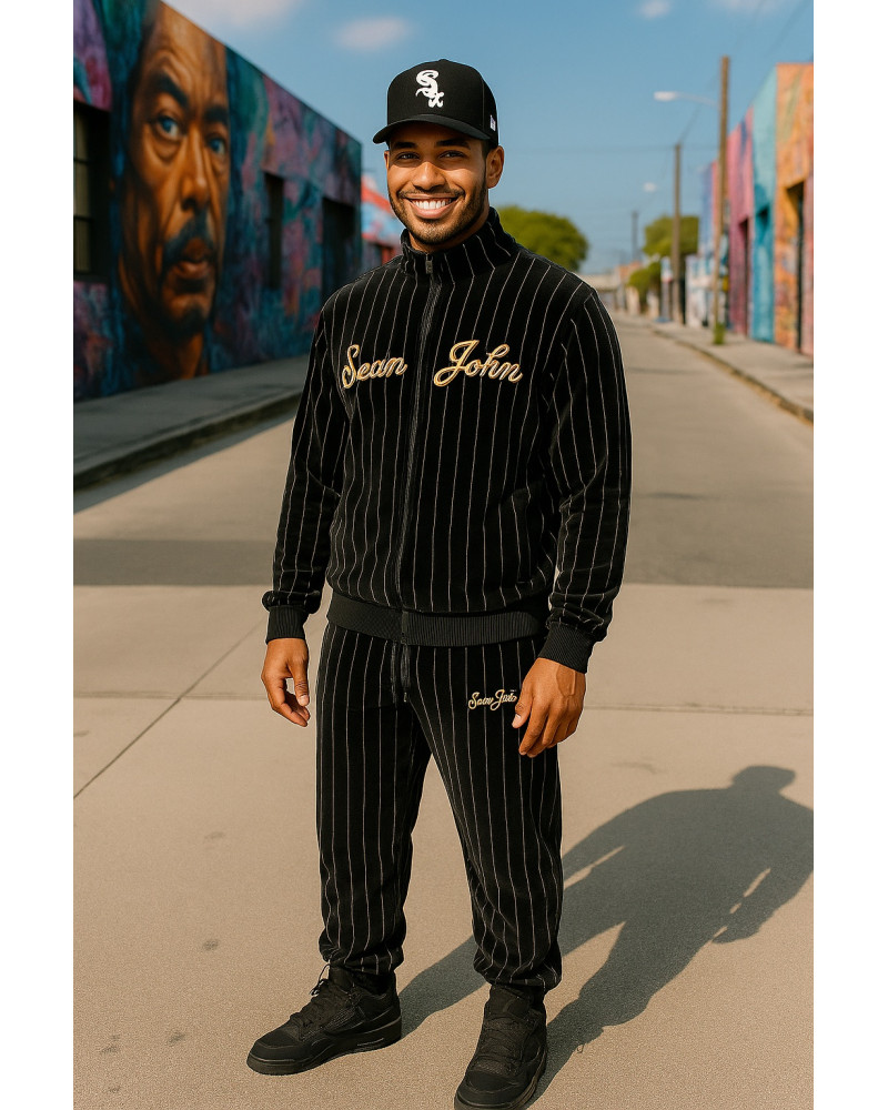 Ensemble Veste Jogging Sean John Vintage peau de peche Pinstripe noir